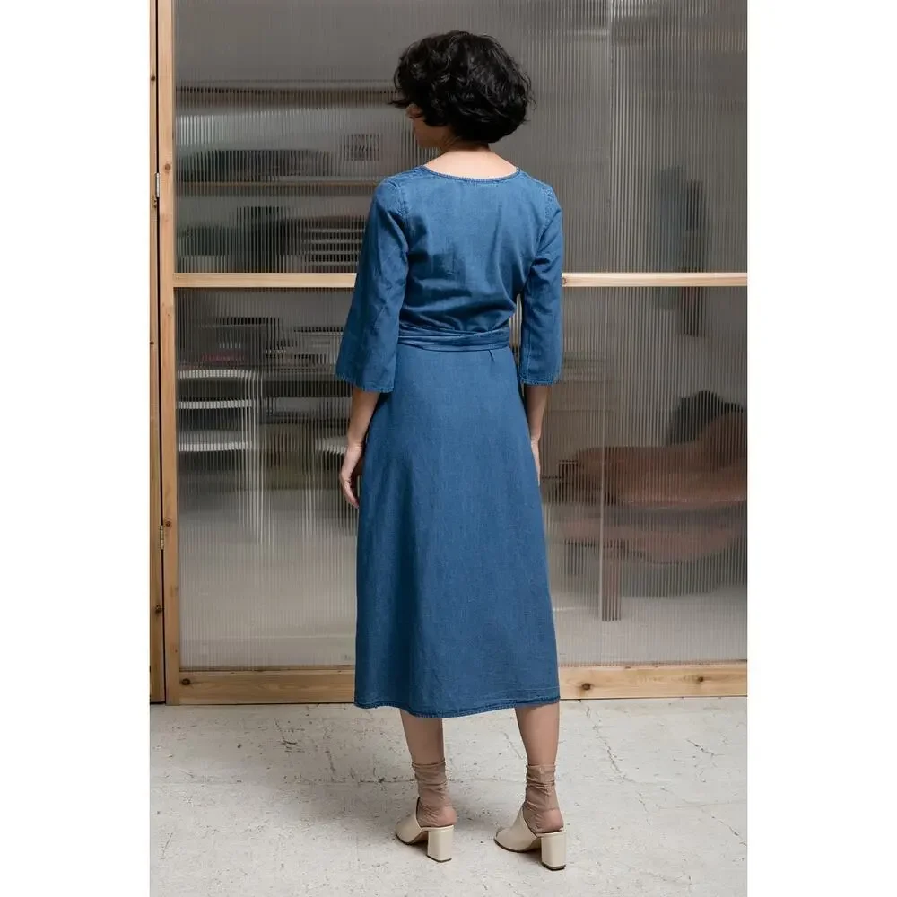 Caron Callahan Hester Denim Wrap Dress Indigo Cotton Pleated Midi Utilitarian M